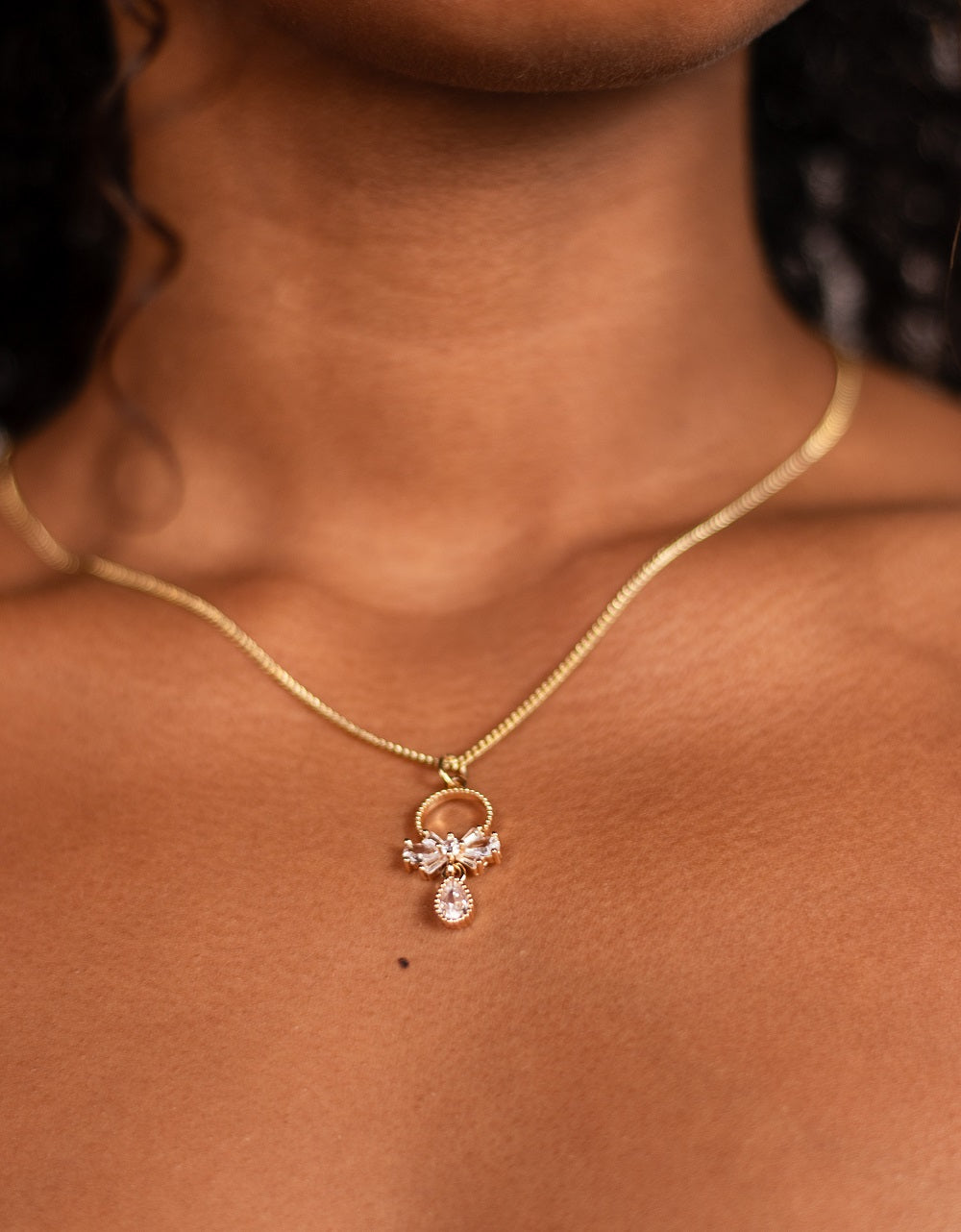 Cubic Zirconia Bow Charm Necklace